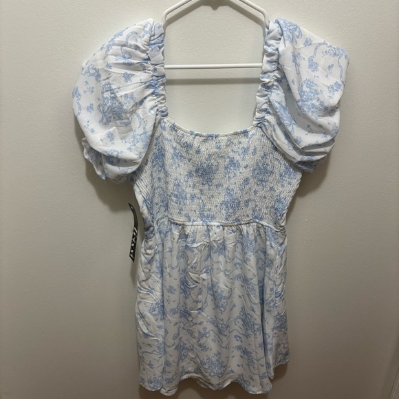 Blue and White Bridgerton Vibes Bow Pattern Toile Peasant Puff Sleeve Dress - Picture 4 of 5